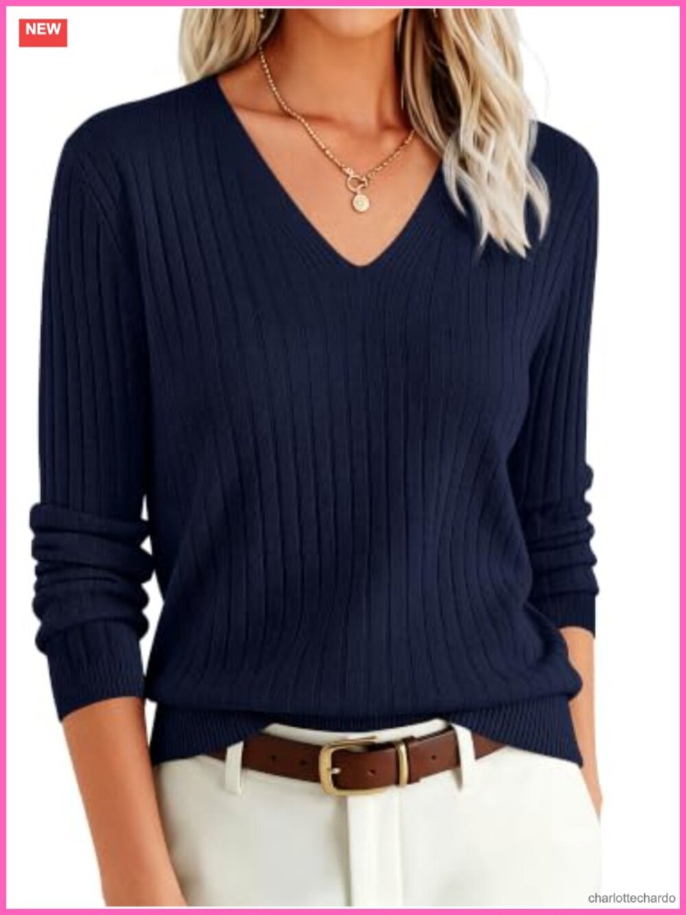 Women's Long Sleeve V Neck Ribbed Knit Pullover Sweater - Slim Fit